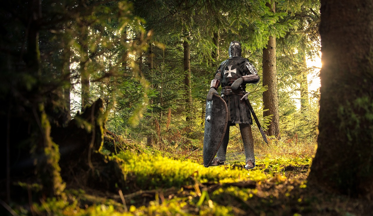 Ritter steht in einem Wald in Europa