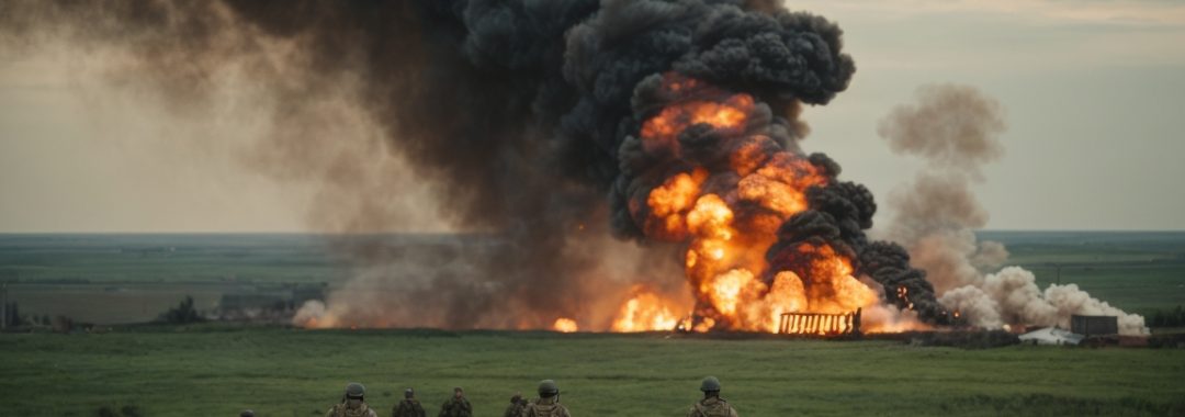 Soldaten und eine Explosion auf einem Feld in der Ukraine
